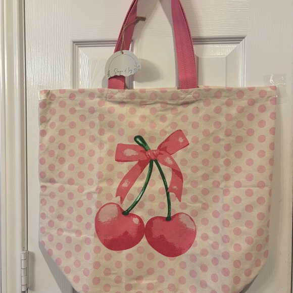 Handbags - Pink Polka Dot Cherry Tote Bag